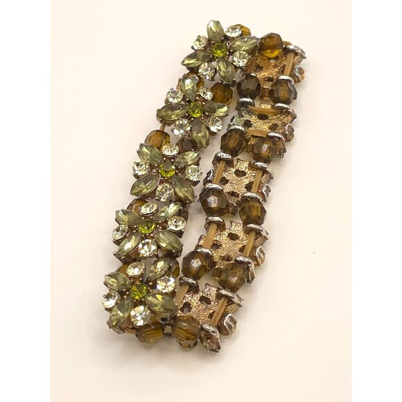 Vintage Rhinestone & Bead Flex Bracelet Gold-Tone Green/Brown Floral Design - Picture 7 of 7